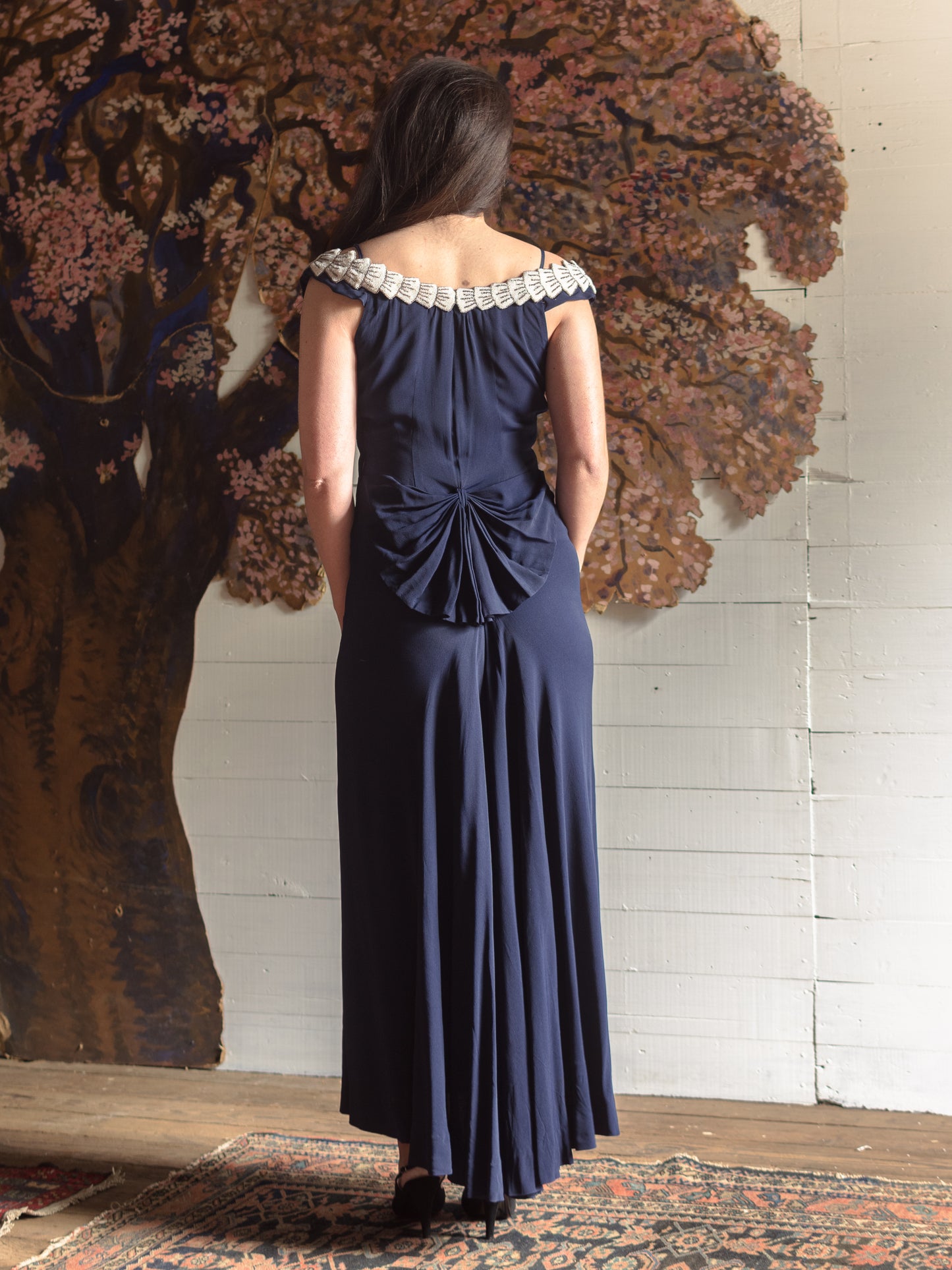 1930s Trompe l'oeil Beaded Bow Formal Gown - Size S