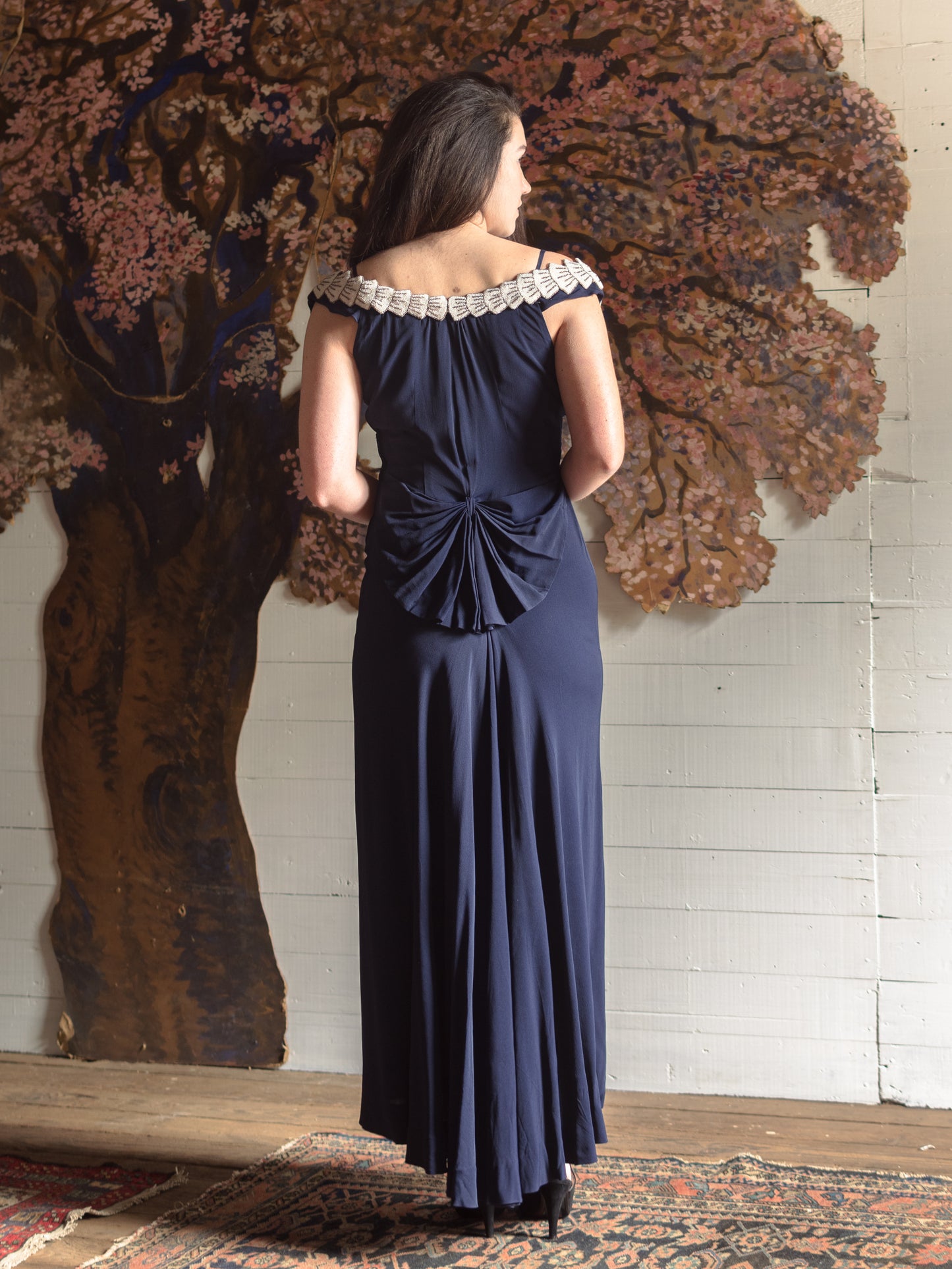 1930s Trompe l'oeil Beaded Bow Formal Gown - Size S