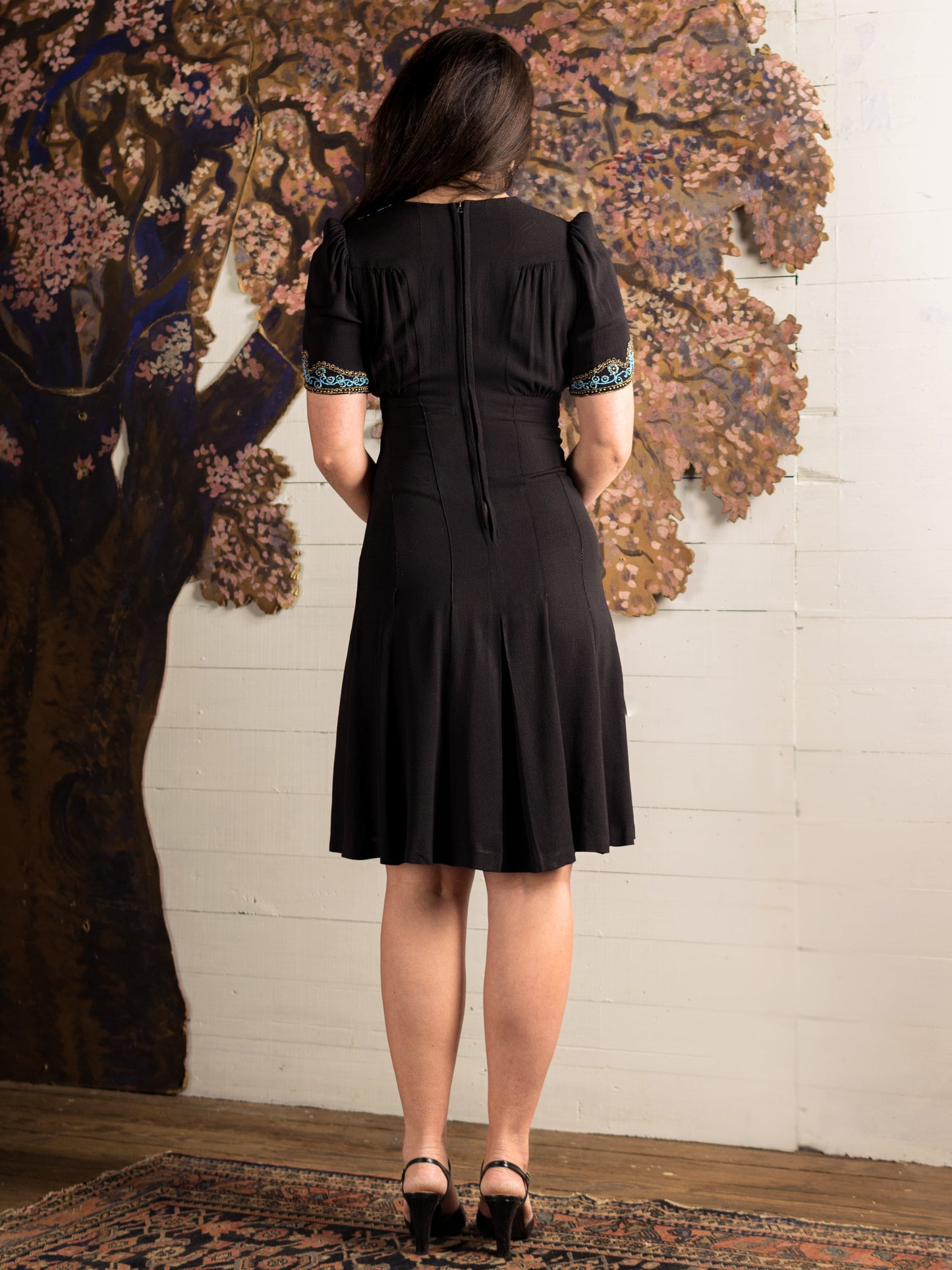 1940s Black & Turquoise Rayon Crepe Beaded Dress - Second Sight Vintage