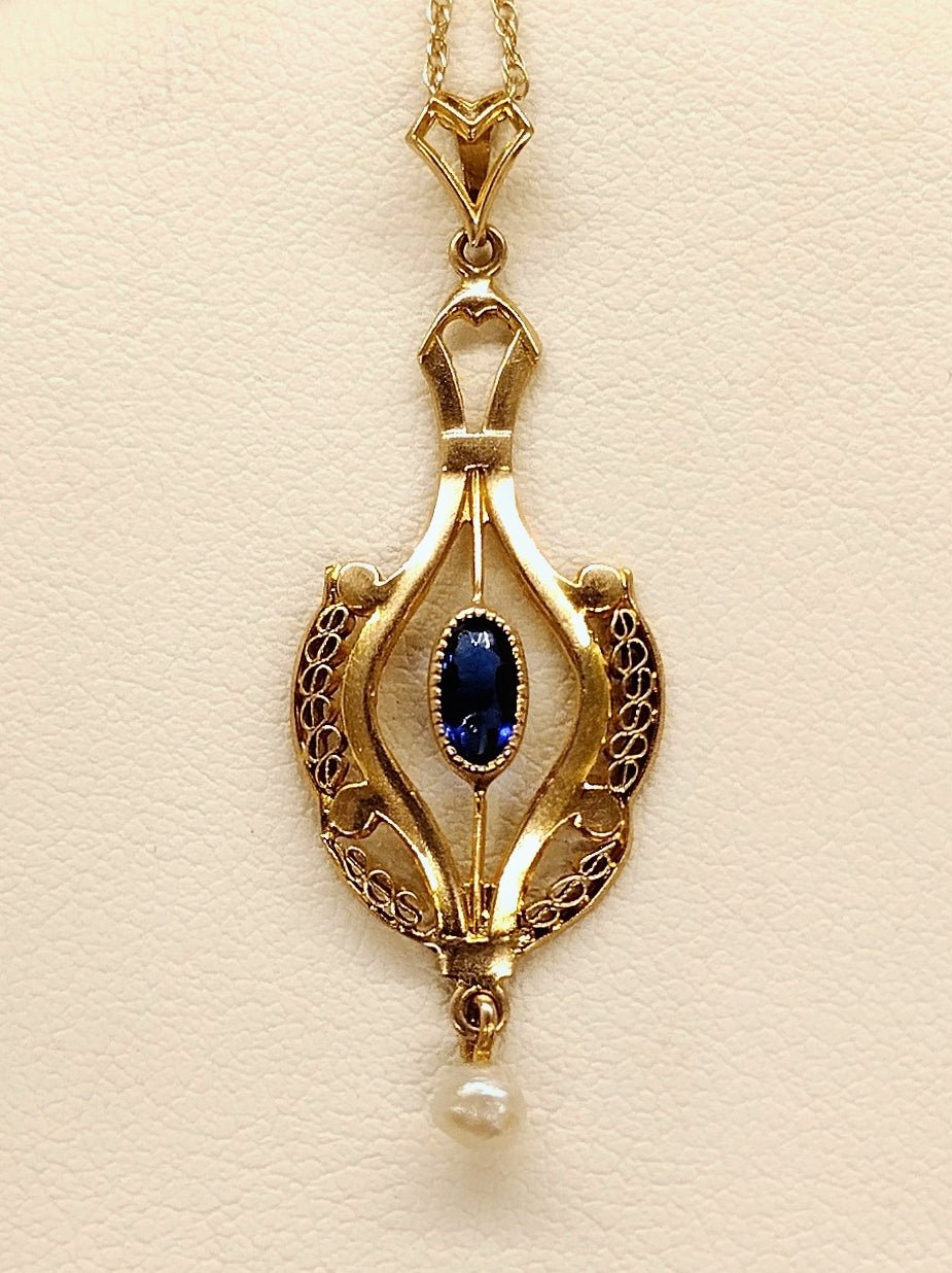 Antique 14KT Gold, Blue Stone & Pearl Lavalier Necklace - Second Sight Vintage