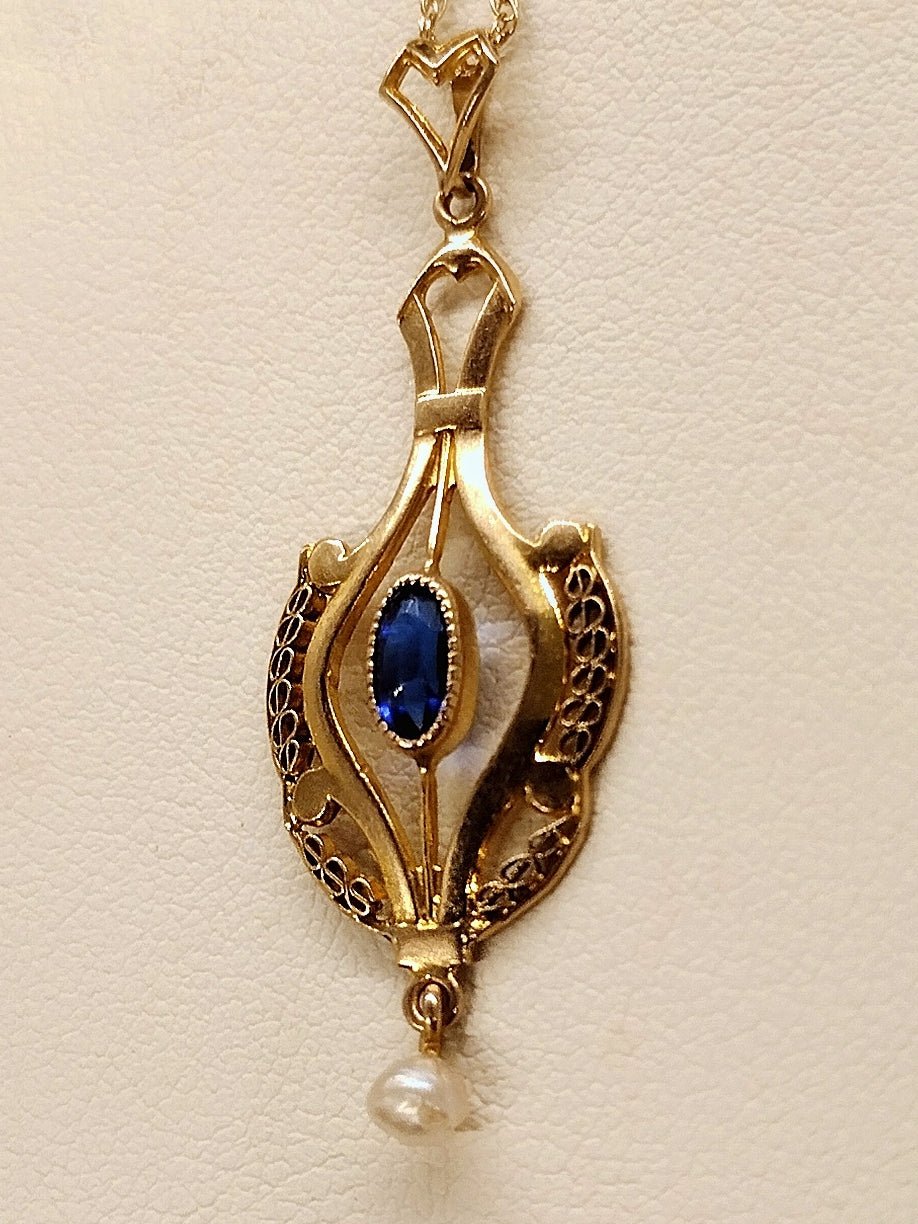 Antique 14KT Gold, Blue Stone & Pearl Lavalier Necklace - Second Sight Vintage