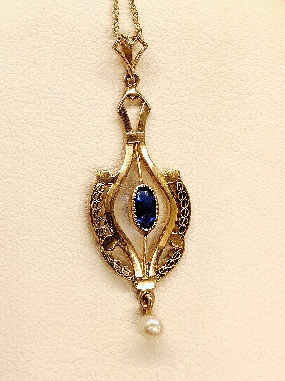 Antique 14KT Gold, Blue Stone & Pearl Lavalier Necklace - Second Sight Vintage