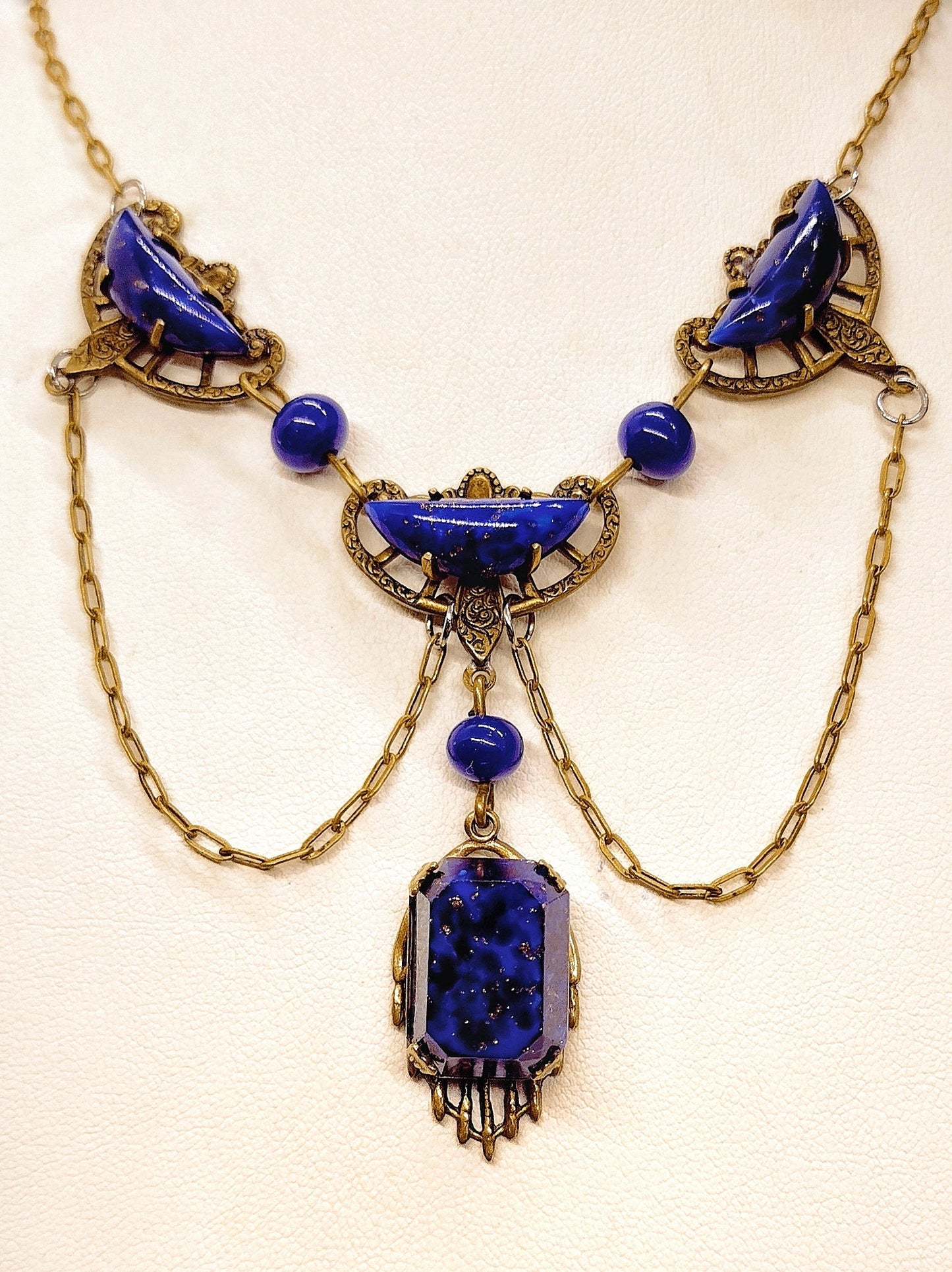 Antique Brass Necklace with Blue & Copper Czech Glass Stones - Second Sight Vintage